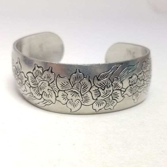 Vintage Leonard Pewter Floral Design Cuff Bangle Bracelet, Silver Tone, Signed - Picture 2 of 9